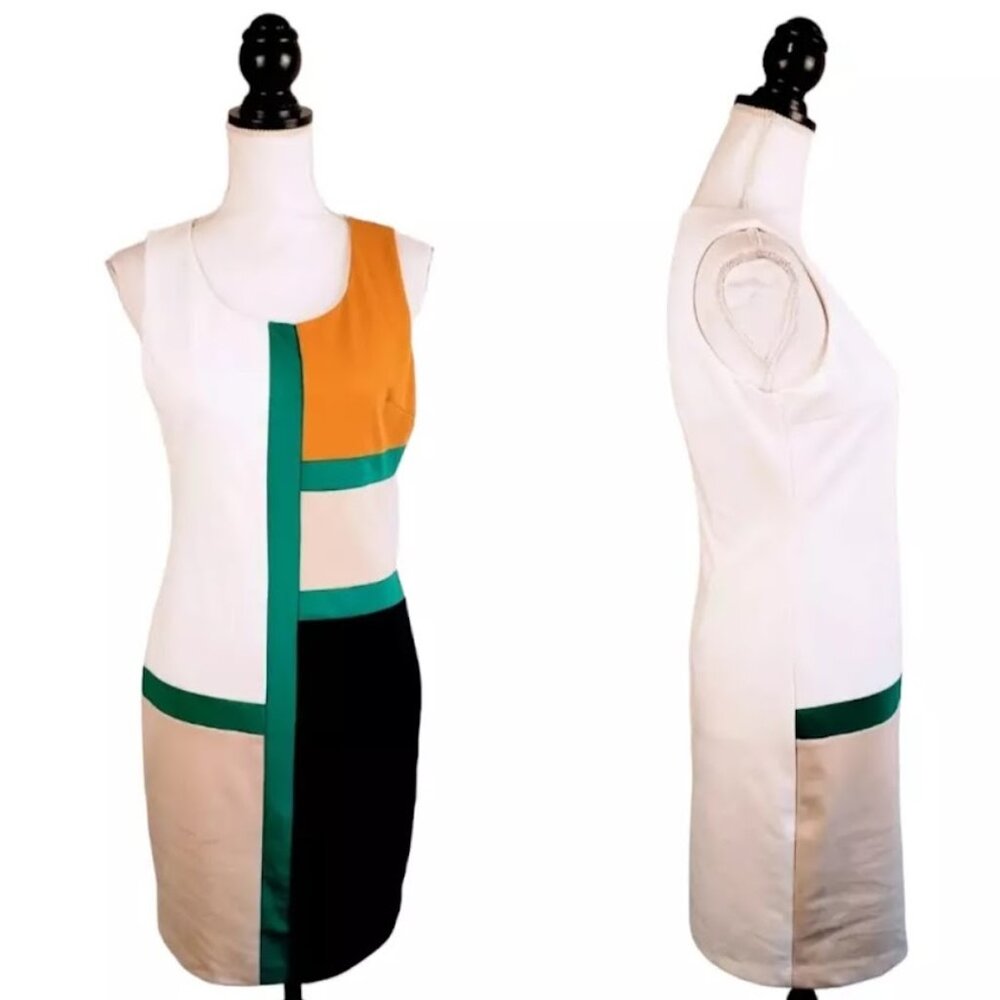 NWT ARK & CO. Dress, Yellow Green Black White Colorblock Sleeveless Career, L